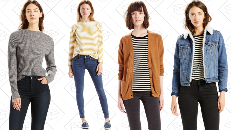 Bernadette Pullover, $63 | 711 Skinny Jeans, $63 | Classic Cardigan Sweater, $45 | Authentic Sherpa Trucker Jacket, $76